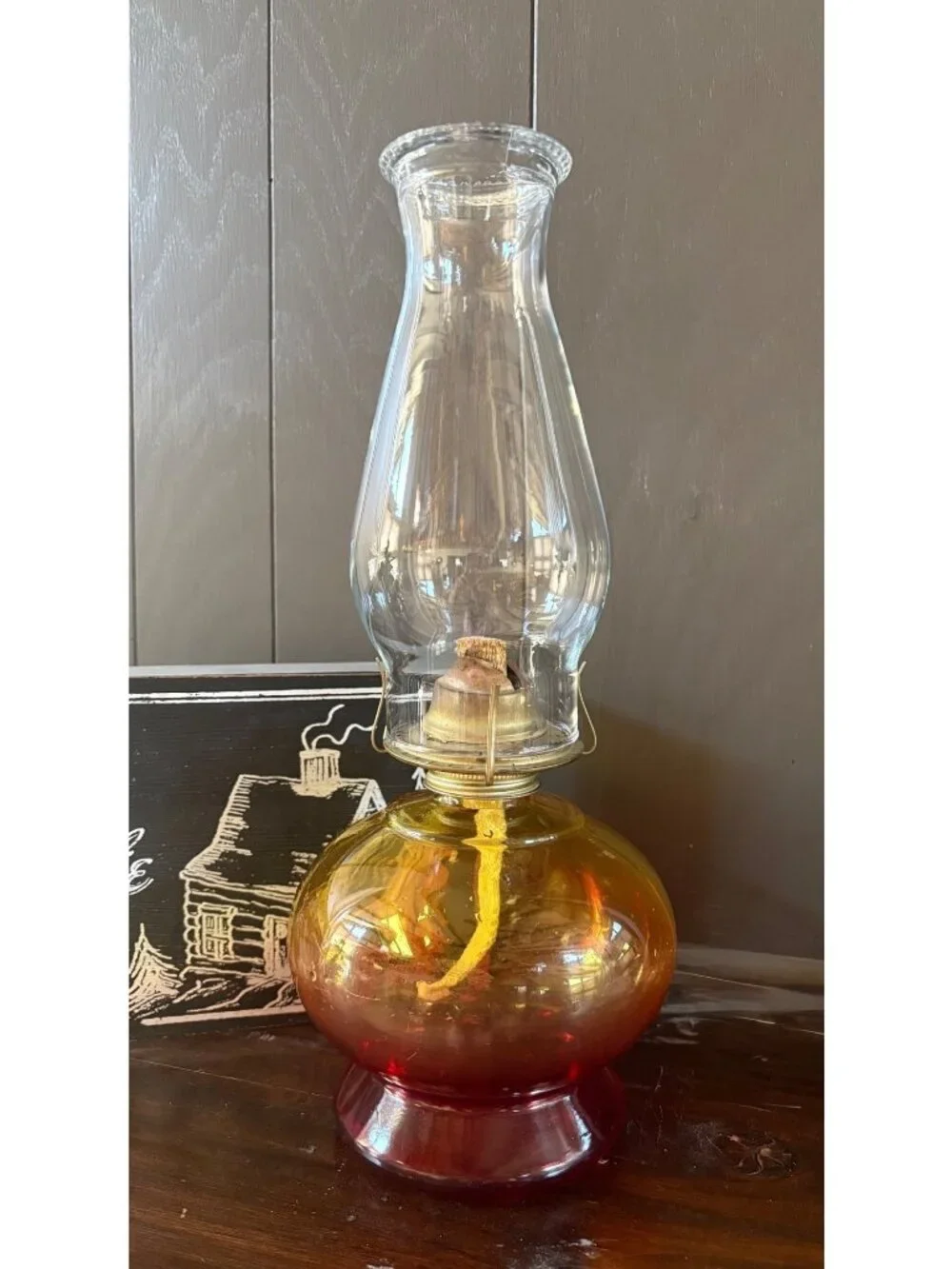 Eagle Risdon Amberina Glass Vintage Oil Lamp w/ Clear Chimney Yellow Red Ombre